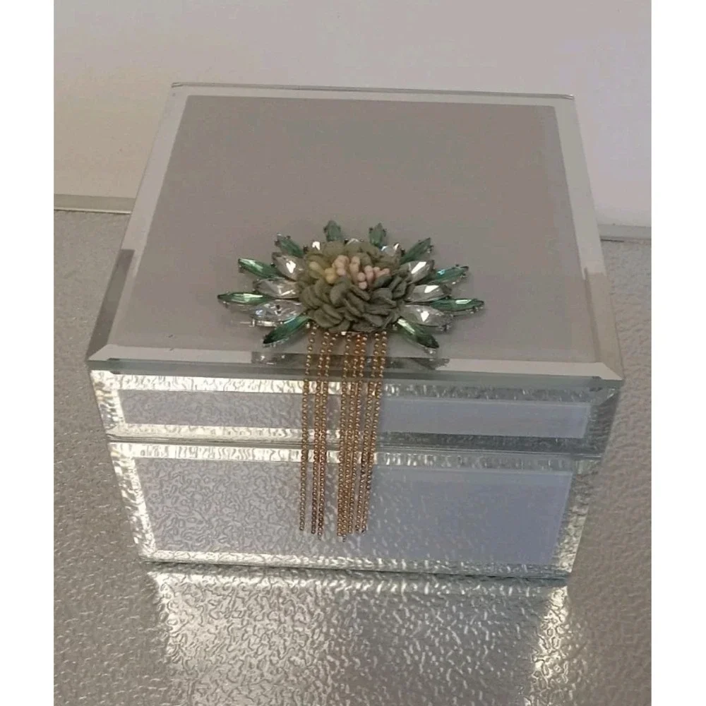 Taizhoe Art Deco Floral‎ Chain Frosted Glass Mirror Jewelry Trinket Box